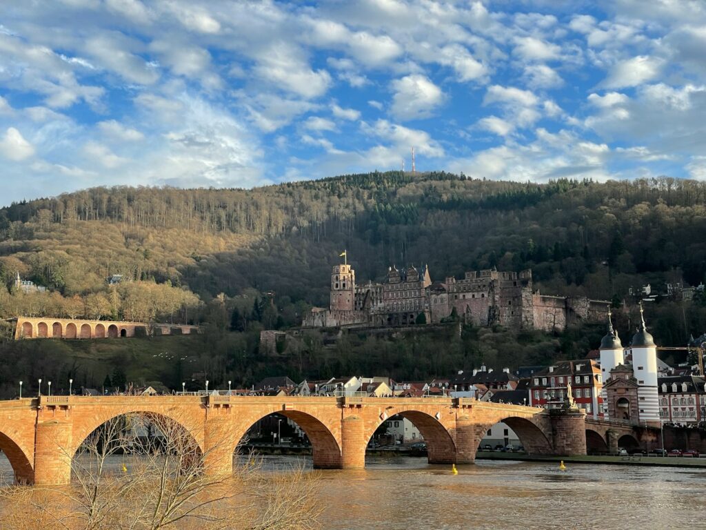 a bridge over a river with a castle in the background